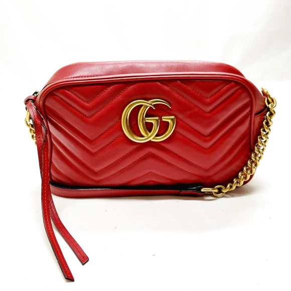 Gucci Red Chevron Marmont Crossbody Bag with Gold Chain - Picture 1 of 8